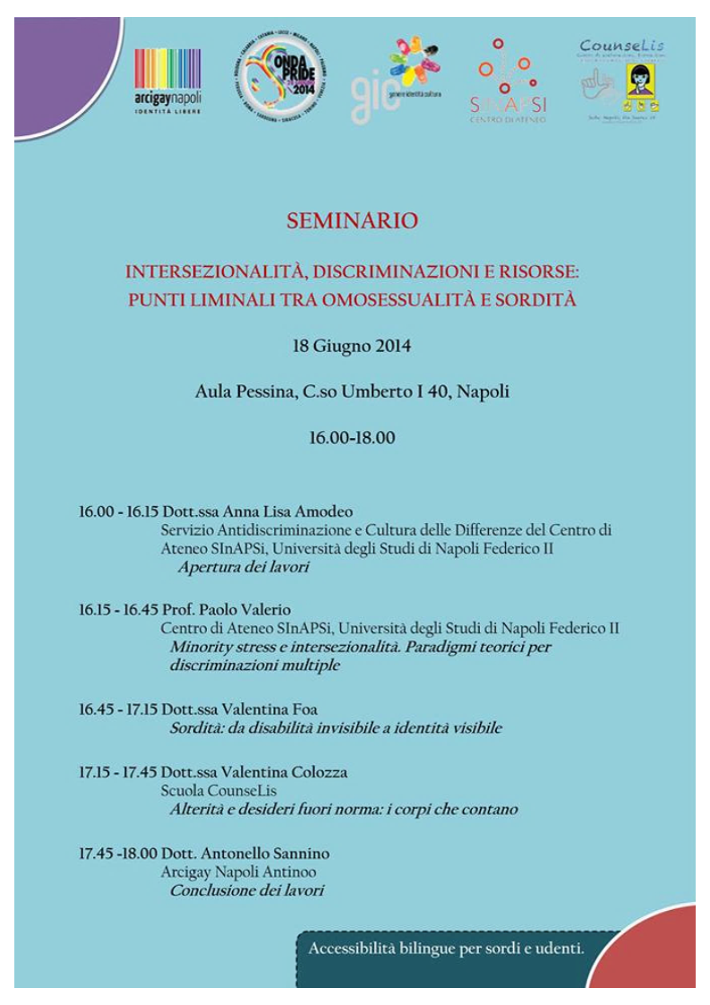 Seminario “Intersezionalità, discriminazioni e risorse: Punti liminali tra Omofobia e Sordità” 18 Giugno
