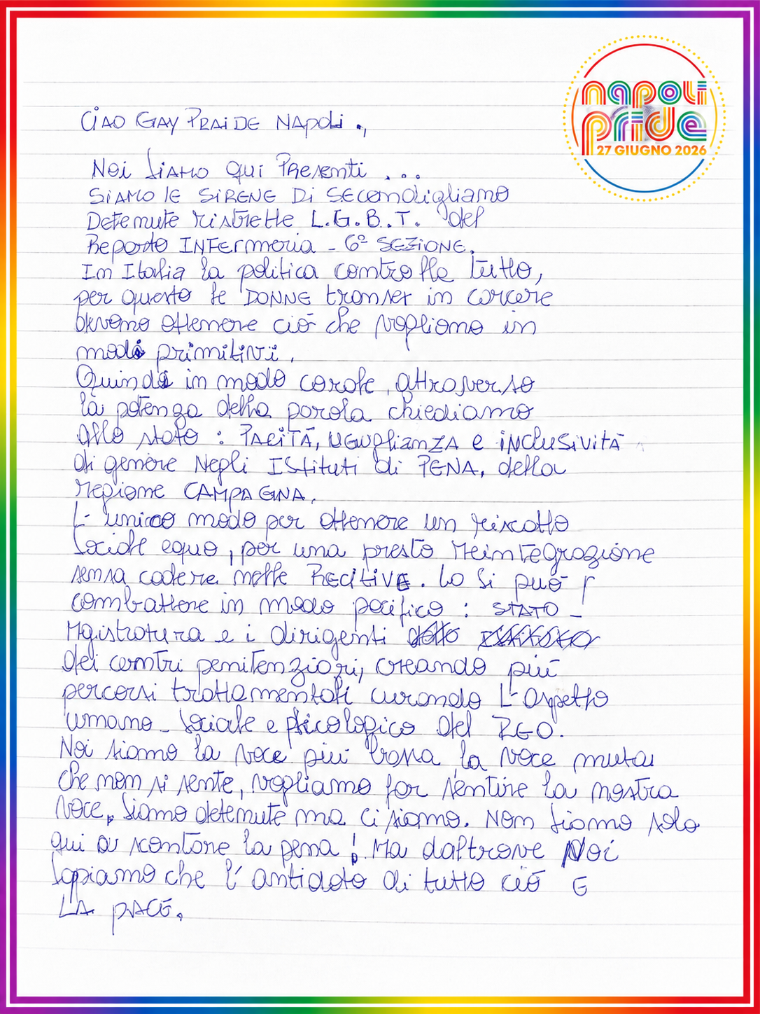 Dal carcere di Secondigliano il grido delle detenute trans per il Napoli Pride: “Parità, uguaglianza e inclusività. Vogliamo far sentire la nostra voce”